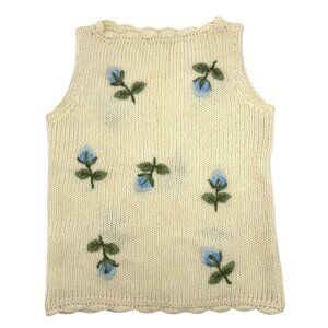 VTG Macy’s Sweater Vest Size 34 Crochet Knit Blue Flowers Cottagecore Hong Kong